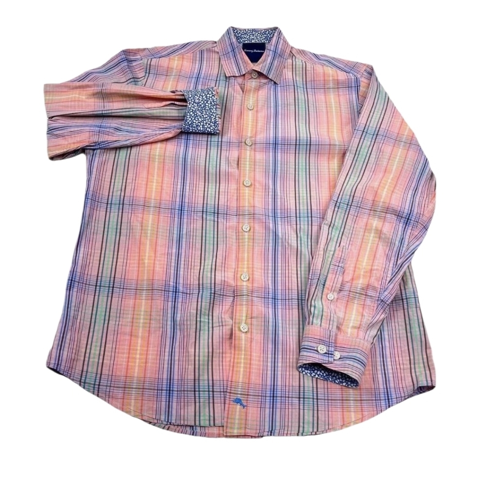 Tommy Bahama Pastel Plaid Button Up Camp Flip Cuff Size XL